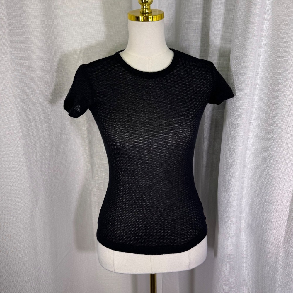 Rag & Bone Open Knit Short Sleeve Top Womens XS Black‎ Sheer Crew Neck Tee